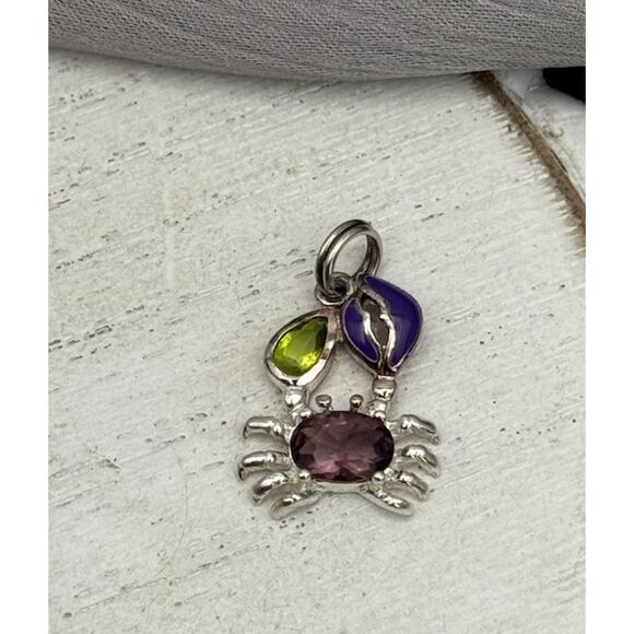 Sterling Rhodium Plated Peridot Pink Quartz Enamel Dungeness CRAB Small Charm 2G - Picture 1 of 5
